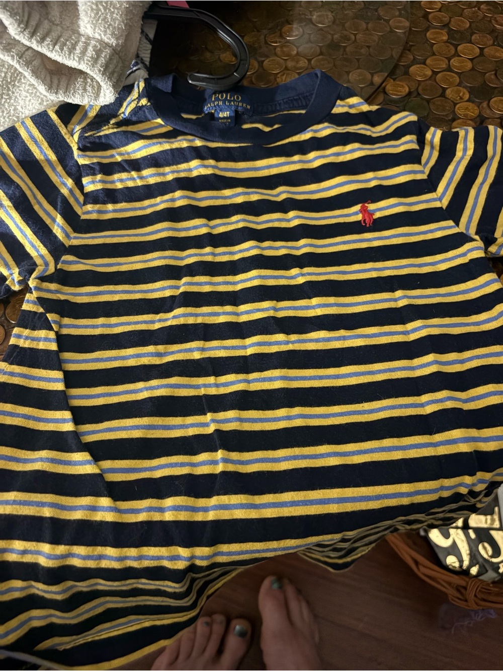 Polo by Ralph Lauren Navy & Yellow Striped Kids Tee with Red Pony